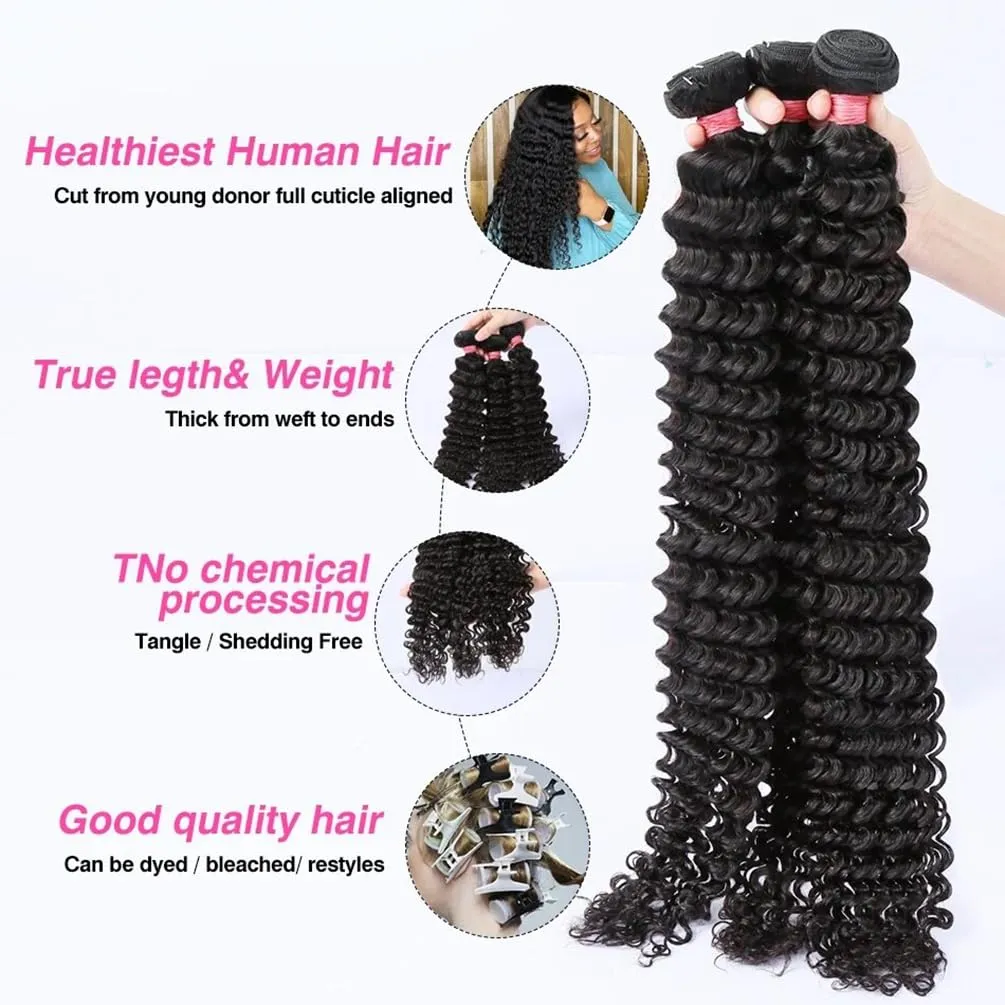 Deep Wave Human Hair 4 Bundles (22 24 26 28) 12A 100% Unprocessed Brazilian Virgin Remy Deep Curly Weave Human Hair Bundles Hair Weft Extensions Natural Black for Black Women