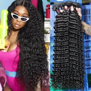 Deep Wave Human Hair 4 Bundles (22 24 26 28) 12A 100% Unprocessed Brazilian Virgin Remy Deep Curly Weave Human Hair Bundles Hair Weft Extensions Natural Black for Black Women
