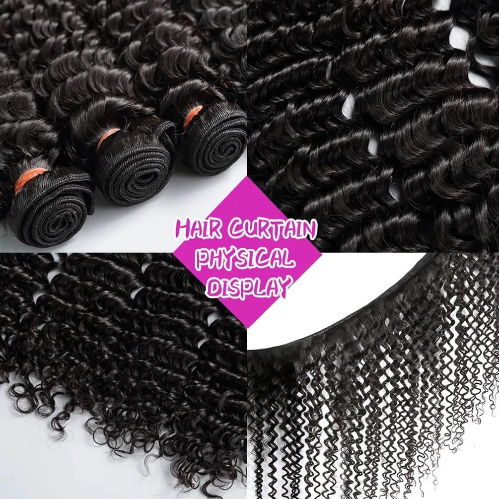 Deep Wave Human Hair 4 Bundles (22 24 26 28) 12A 100% Unprocessed Brazilian Virgin Remy Deep Curly Weave Human Hair Bundles Hair Weft Extensions Natural Black for Black Women