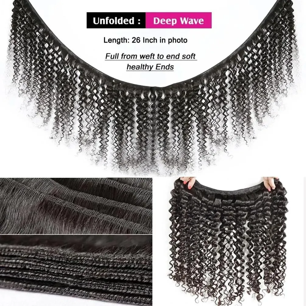 Deep Wave Human Hair Bundles （12 14 16 ）12A 100% Unprocessed Brazilian Virgin Human Hair Deep Curly Human Hair Weave 3 Bundles Extensions for Black Women Natural Color