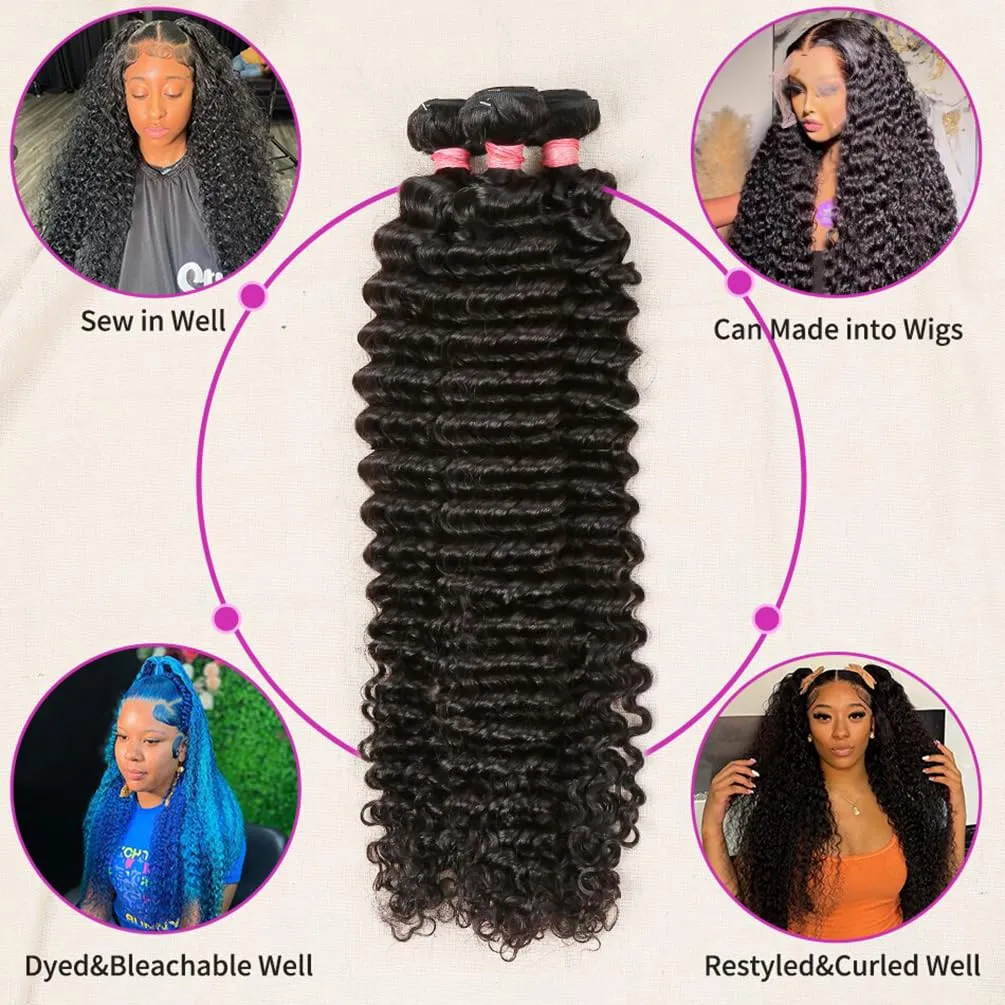 Deep Wave Human Hair Bundles （12 14 16 ）12A 100% Unprocessed Brazilian Virgin Human Hair Deep Curly Human Hair Weave 3 Bundles Extensions for Black Women Natural Color