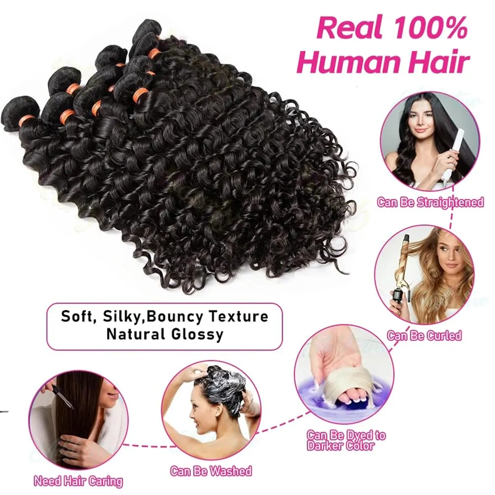 Deep Wave Human Hair Bundles （12 14 16 ）12A 100% Unprocessed Brazilian Virgin Human Hair Deep Curly Human Hair Weave 3 Bundles Extensions for Black Women Natural Color