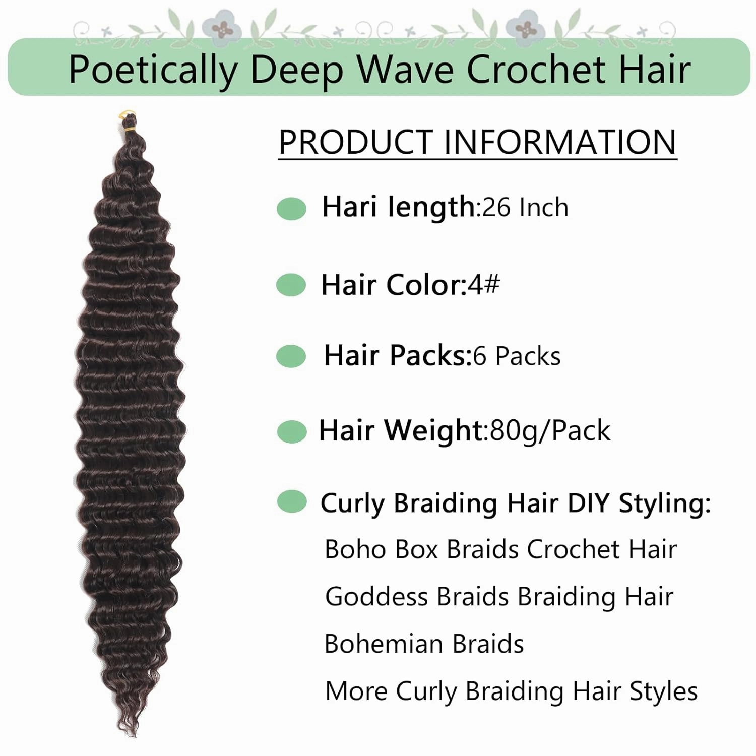 Deep Wave Crochet Hair Ocean Wave Crochet Hair 26Inch 6packs Deep Wave Curly Braiding Hair Extensions Ocean Wave Braiding Hair for Black Women Dack Browm Ocean Wave Crochet Hair Close to Human Hair
