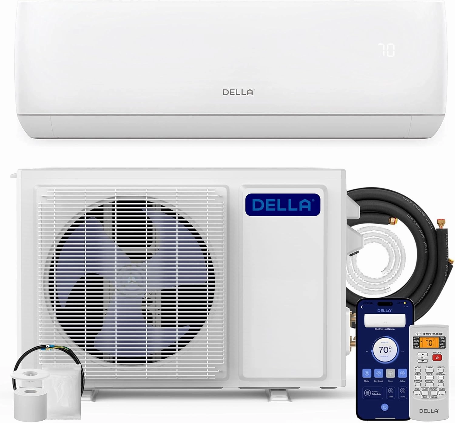 DELLA Motto Series 9000 BTU Wifi Enabled Mini Split 19 SEER2 Cools Up to 450 Sq.Ft, 115V, Works with Alexa, Air Conditioner & Heater with Pre-Charged 3/4 Ton Heat Pump