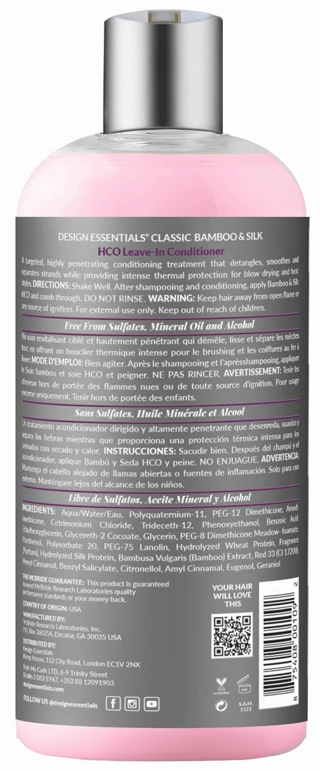 Design Essentials Bamboo & Silk HCO Leave-In Conditioner for Thermal Protection and Strength, 32 Fl Oz., Pink