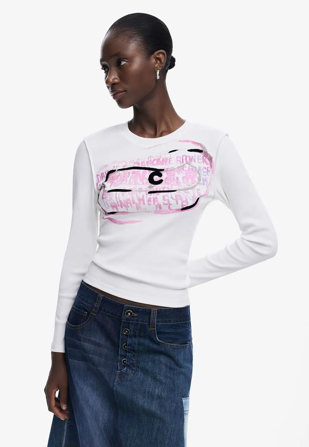 Desigual Women's Long-Sleeve T-Shirt with Pink Letters