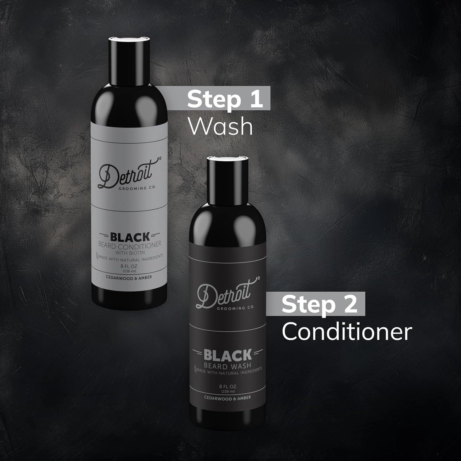 Detroit Grooming Co. Beard Wash and Beard Conditioner - Men's Kit - Softens, Strengthens, Moisturize, Infused w/Argan Oil, Apple Extract, & Aloe Vera - Cedarwood & Amber Scent - Black-8oz