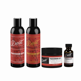 Detroit Grooming Co. Traverse City Beard Care Bundle – Beard Butter, Oil, Wash & Conditioner – Cherry & Tobacco Scent – Softer, Healthier Beard with Natural Ingredients