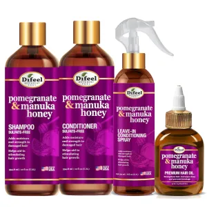 Difeel Pomegranate & Manuka Honey Hair Care Set - 12oz Shampoo, 12oz Conditioner, 8oz Leave-in Spray, 2.5oz Hair Oil