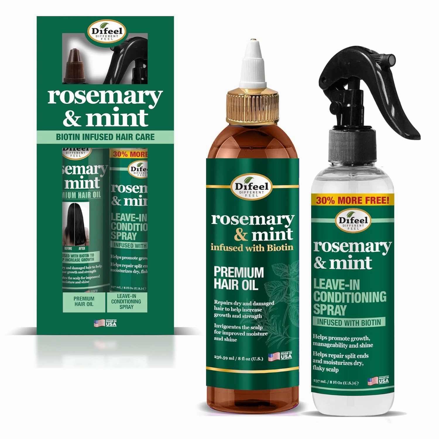 Difeel Rosemary & Mint Hair Care Set - 8oz Hair Oil and 8oz Leave-in Conditioning Spray in a Gift Box