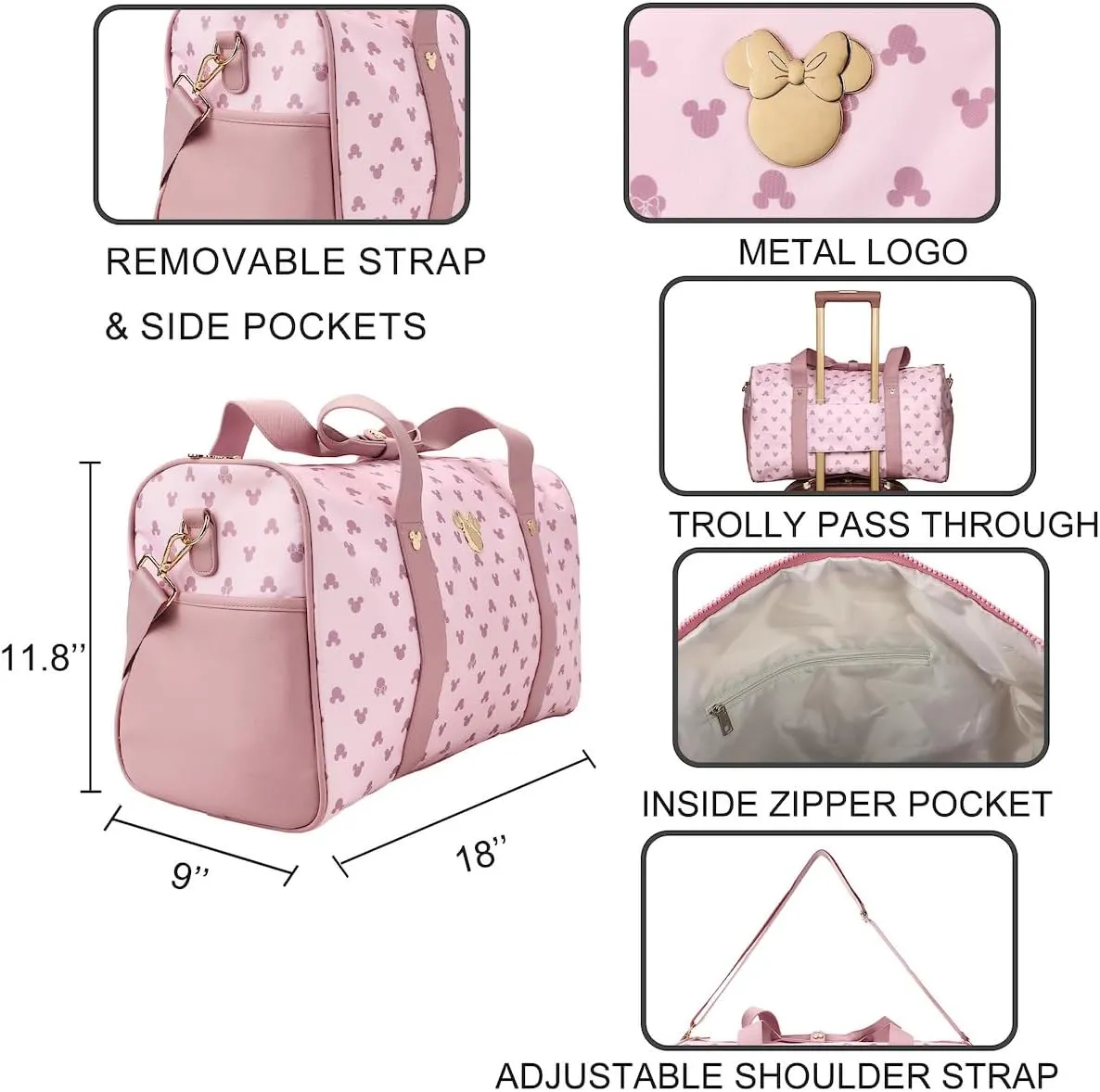 Disney Minnie Mouse Ears Pink 18" Duffle Bag