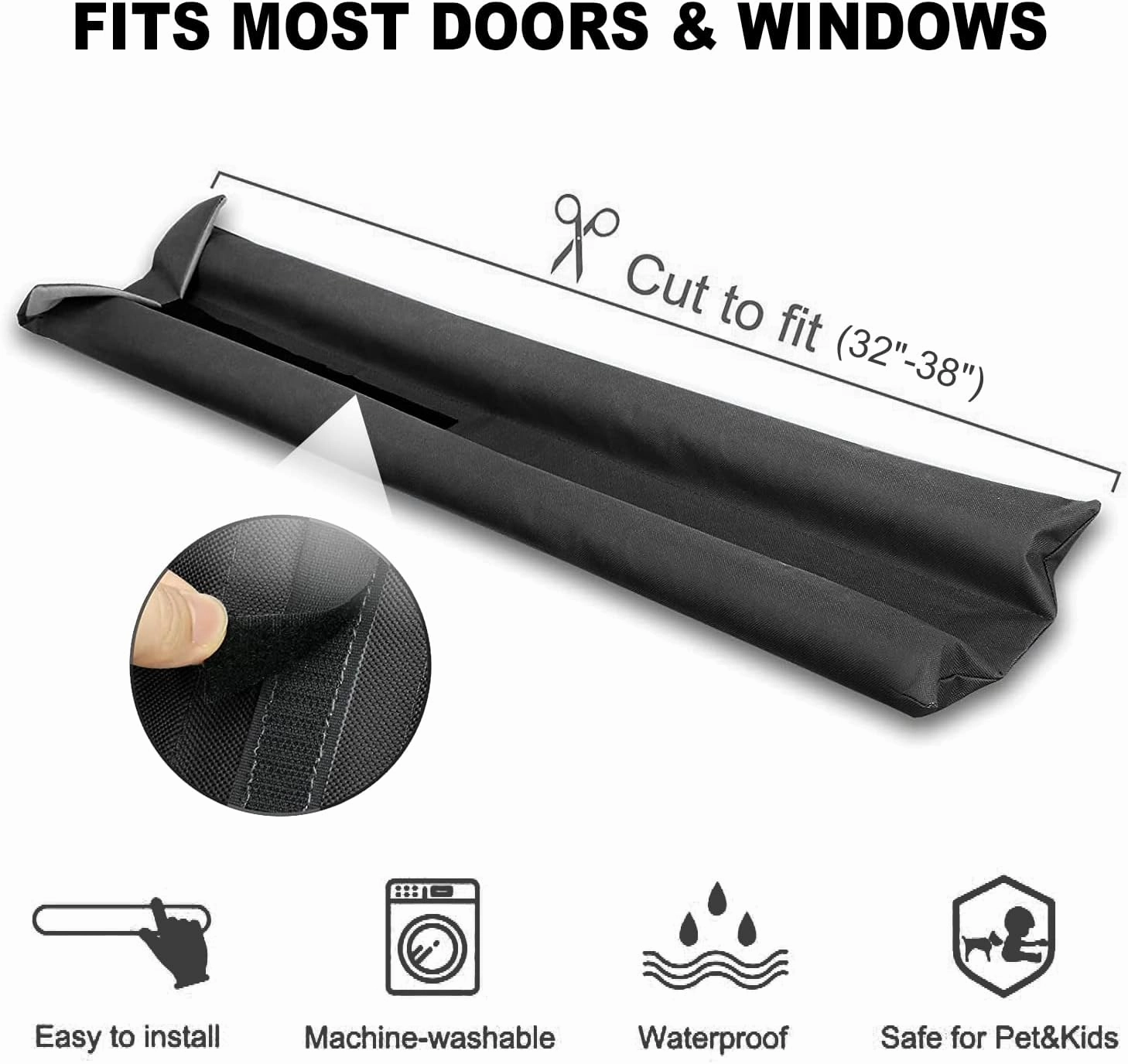 Door Draft Stopper,Size 30" to 36" Under Door Wind Noise Blocker Waterproof Door Air Draft Stopper,Noise Blocker Easy to Install (Black, 1.6Inch)