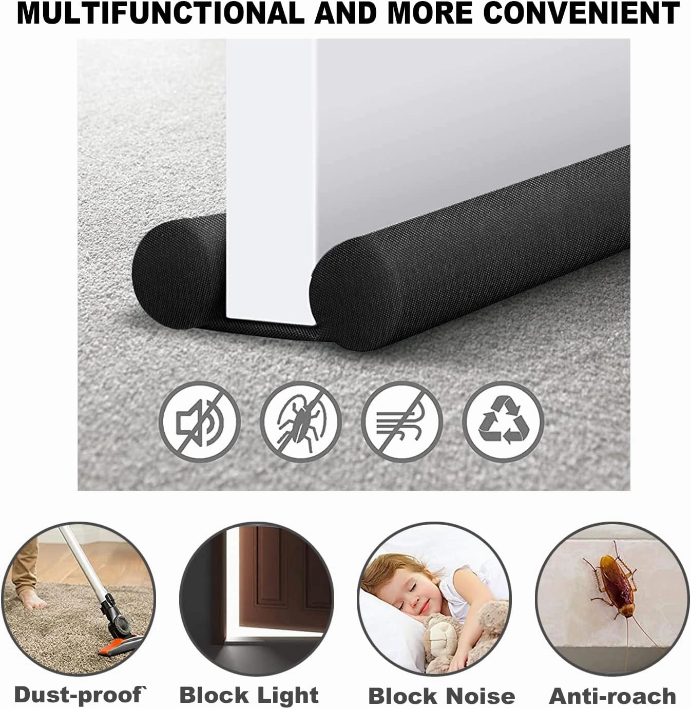 Door Draft Stopper,Size 30" to 36" Under Door Wind Noise Blocker Waterproof Door Air Draft Stopper,Noise Blocker Easy to Install (Black, 1.6Inch)
