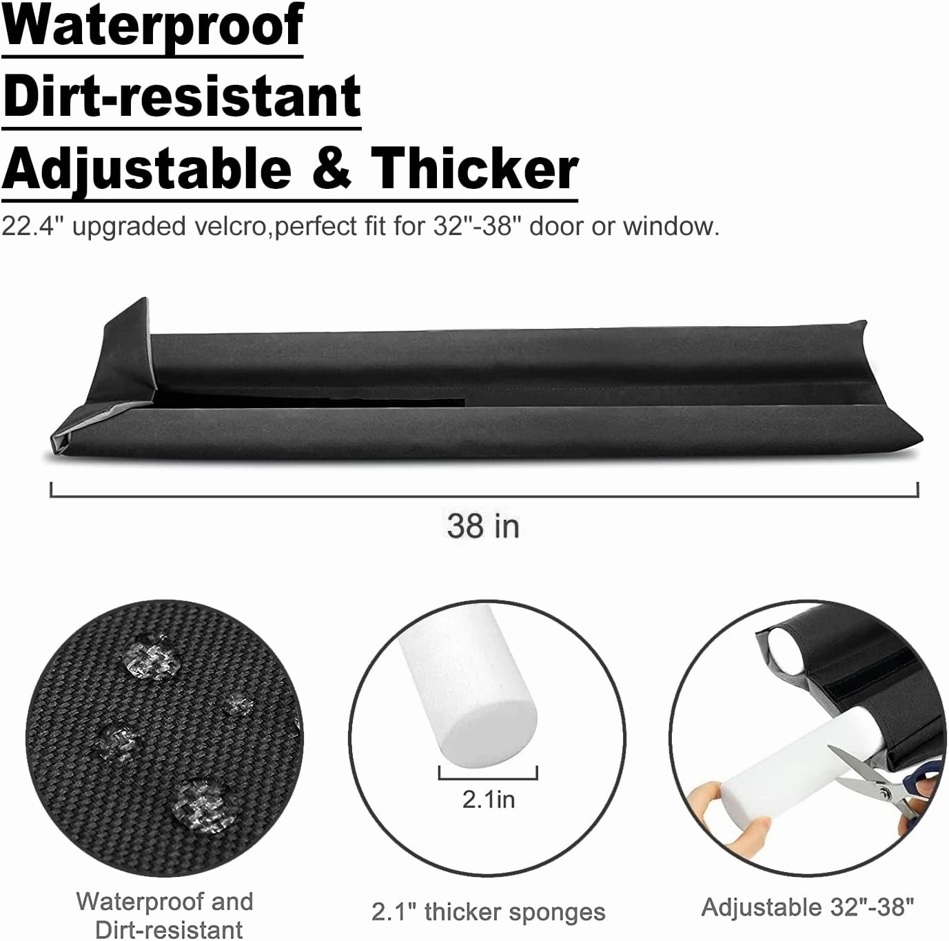 Door Draft Stopper,Size 30" to 36" Under Door Wind Noise Blocker Waterproof Door Air Draft Stopper,Noise Blocker Easy to Install (Black, 1.6Inch)