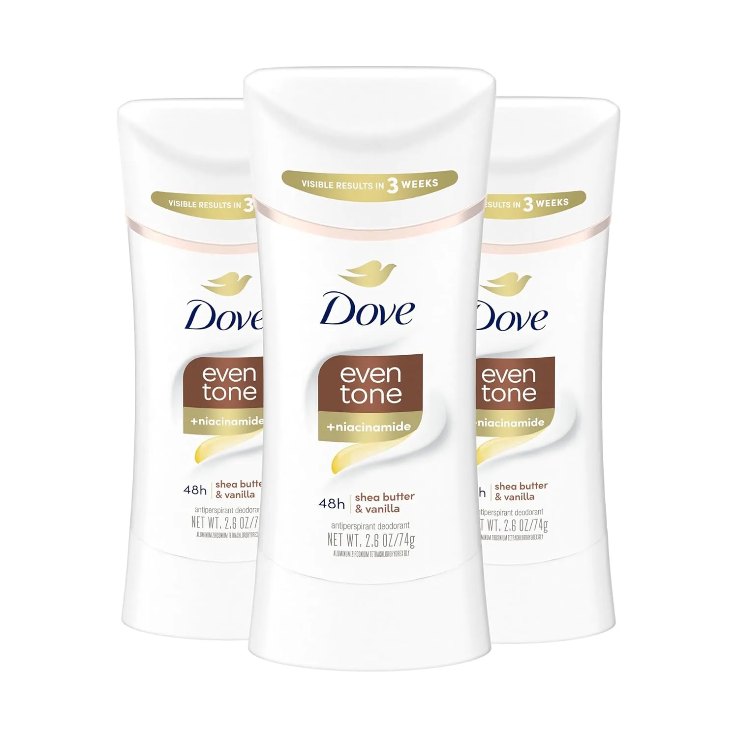 Dove Antiperspirant Deodorant Stick Even Tone Shea Butter & Vanilla Pack of 3 for 48h Odor and Sweat Protection & Skin Restoration, with Niacinamide & Visible Results in 3 Weeks, 2.6 oz