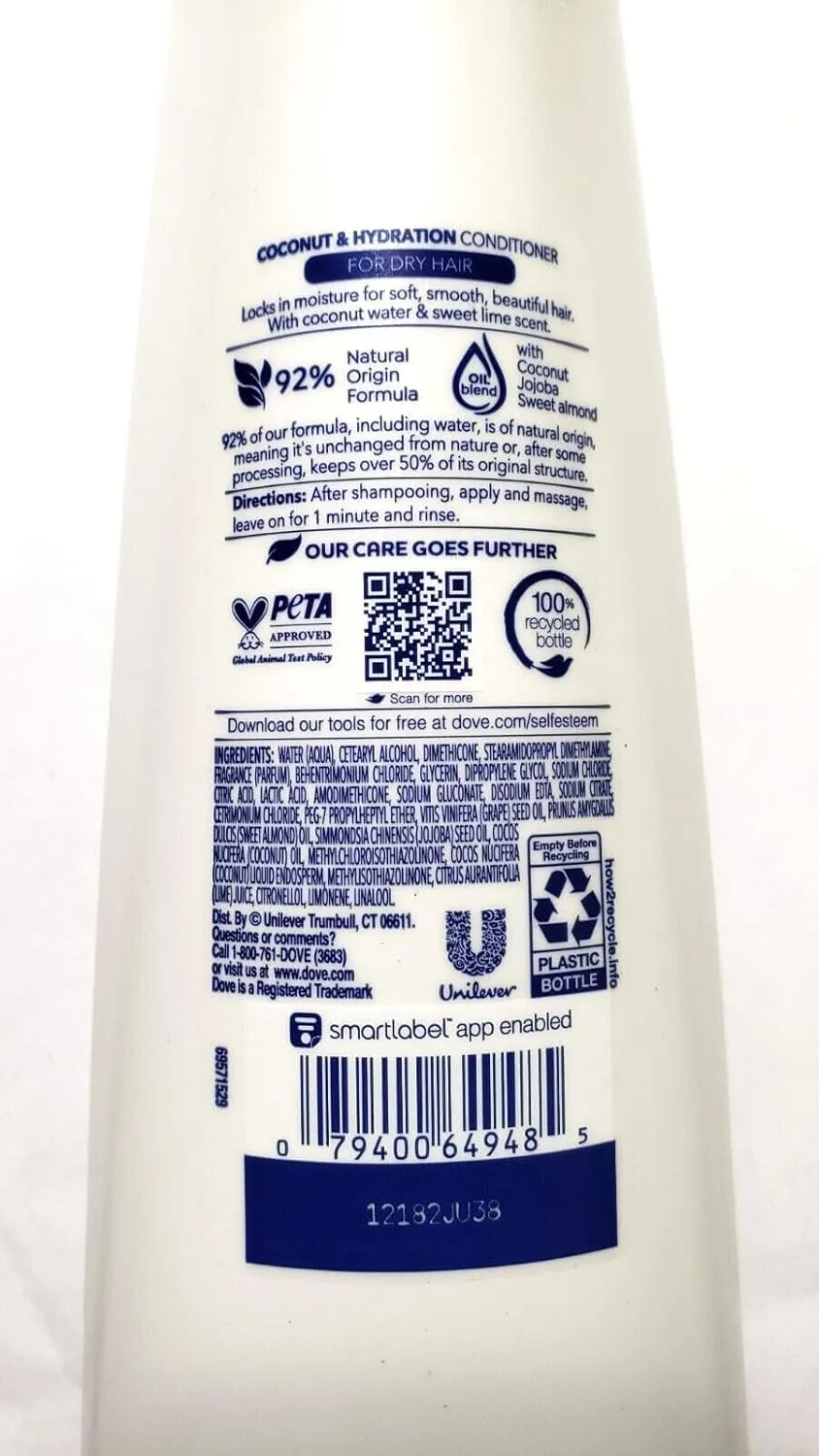 Dove Damage Therapy Conditioner 4-Pack, Coconut & Hydration, Deep 24H Hydration for Revitalizing Dry, Damaged Hair, 12 Oz Ea