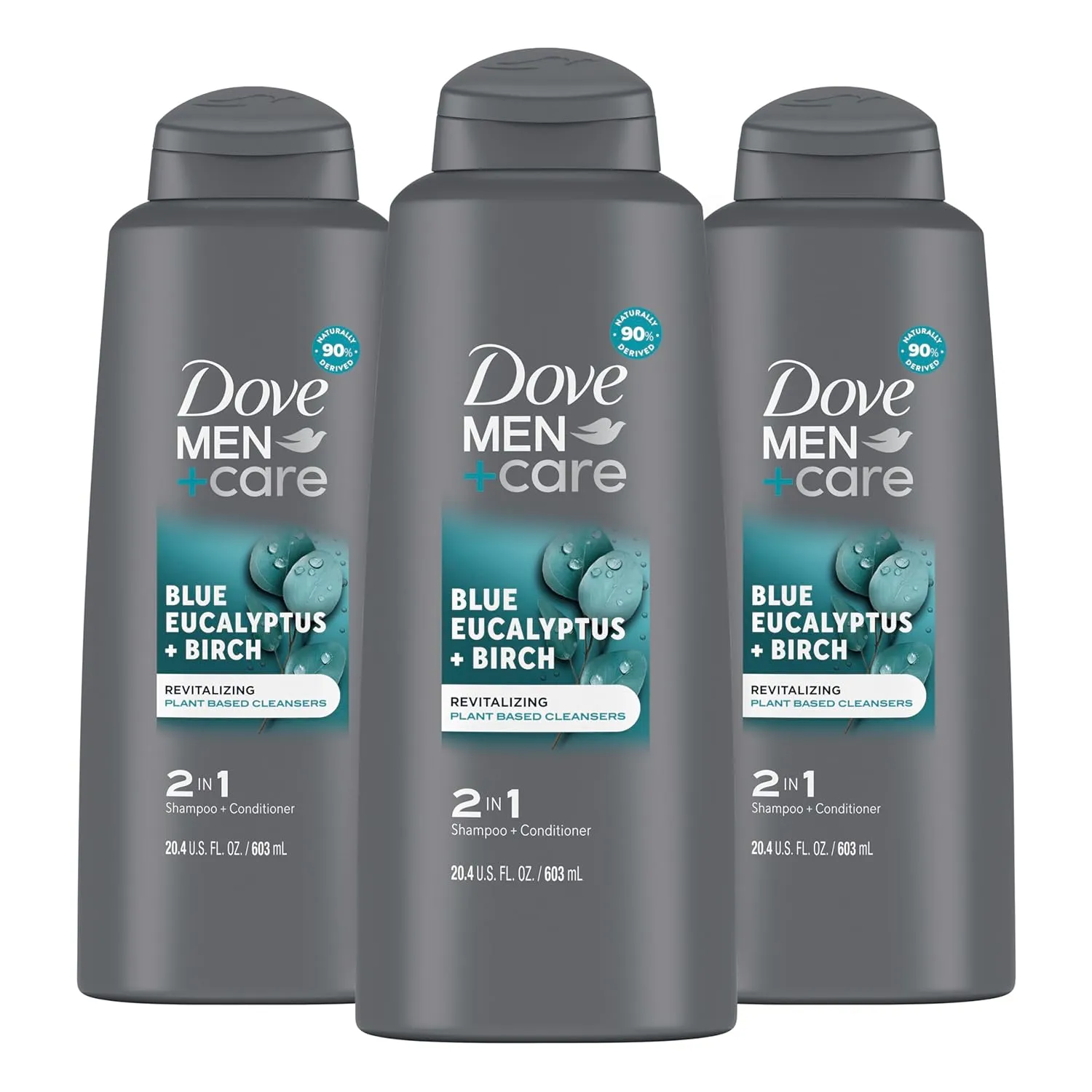 DOVE MEN   CARE 2 in 1 Shampoo Conditioner Eucalyptus   Birch 3 Count For Healthy-Looking Hair Naturally Derived Plant Based Cleansers 20.4 oz