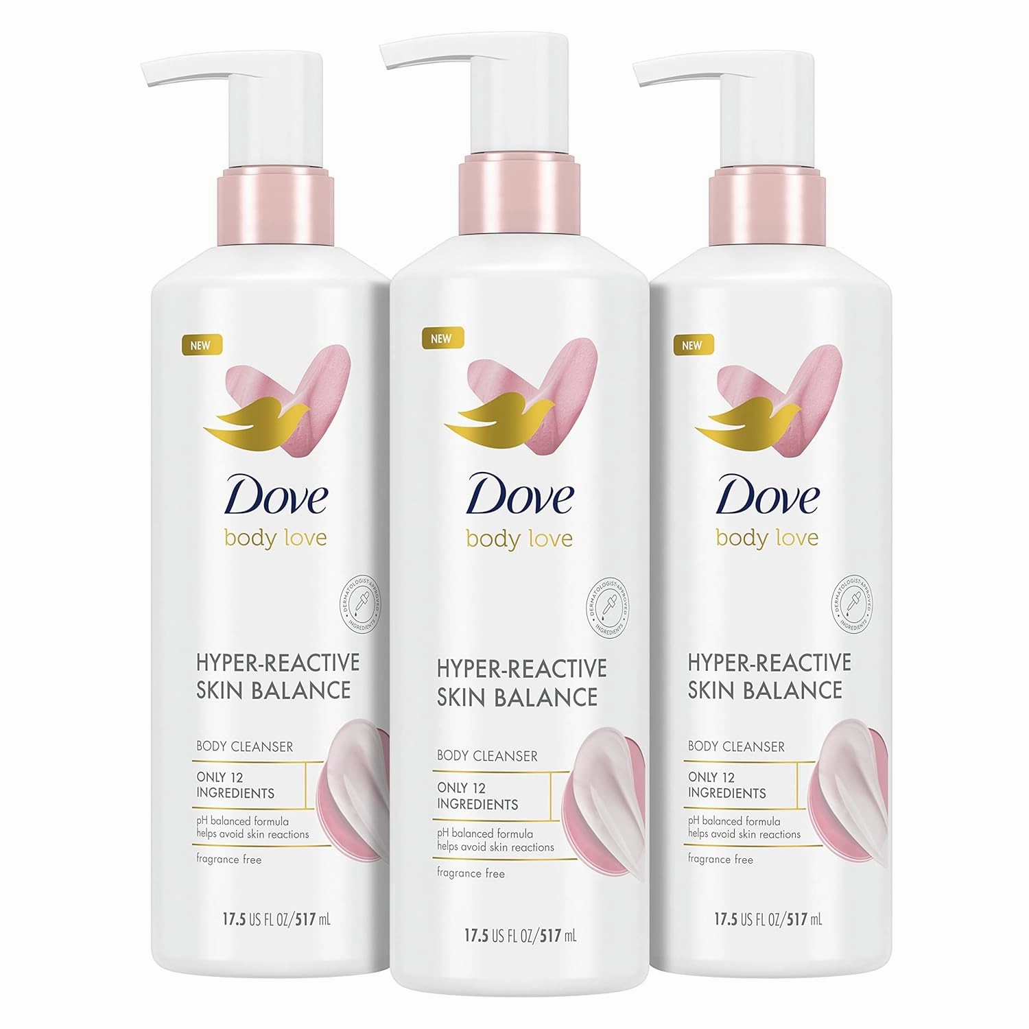 Dove Body Love Body Cleanser Reaction-Prone Skin 3 Count Hyper-Reactive Skin Balance for Ultra-Sensitive Fragrance Free Body Wash with Only 12 Ingredients 17.5 oz