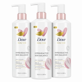 Dove Body Love Body Cleanser Reaction-Prone Skin 3 Count Hyper-Reactive Skin Balance for Ultra-Sensitive Fragrance Free Body Wash with Only 12 Ingredients 17.5 oz
