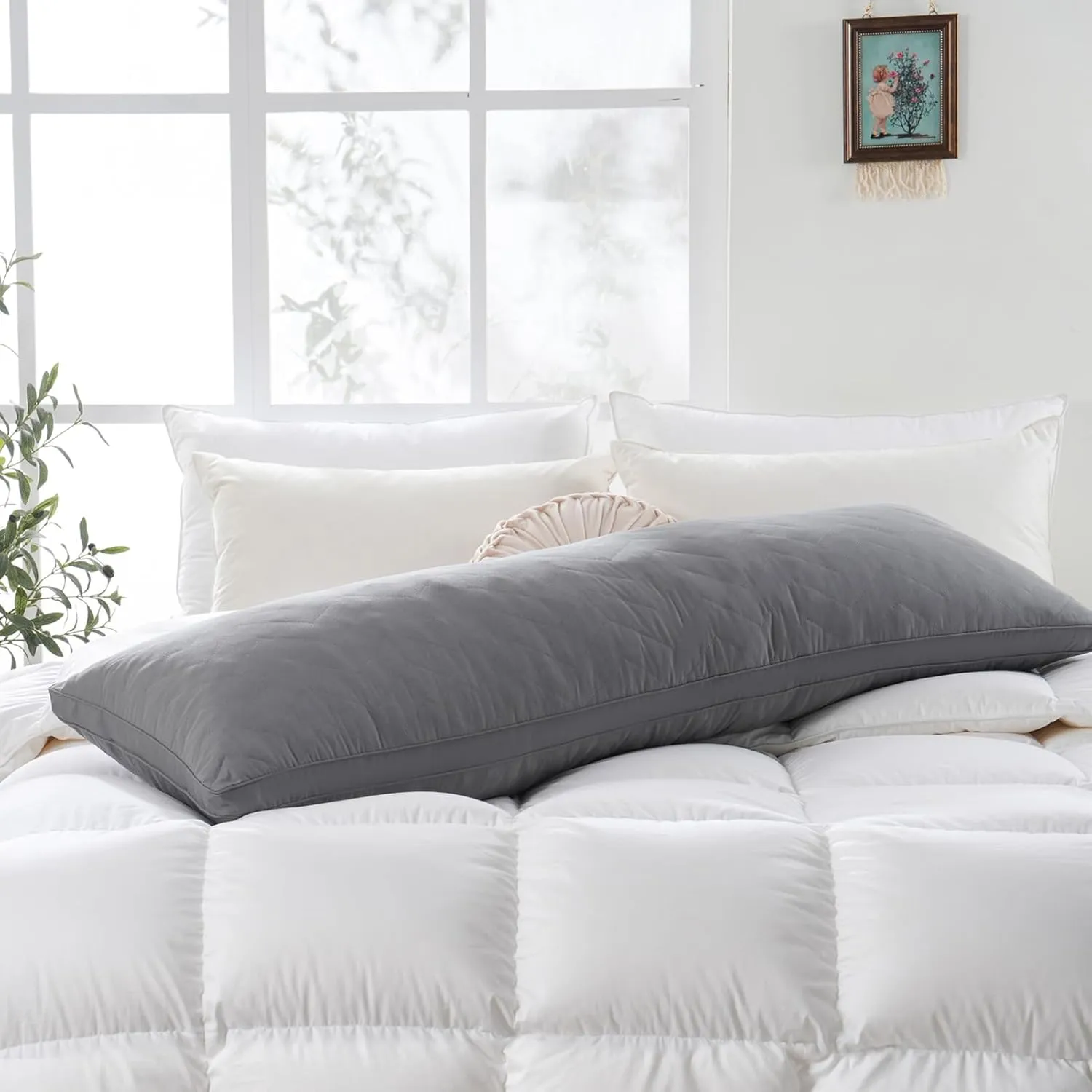DOWNCOOL Quilted Memory Foam Body Pillow - Large Full Body Pillows for Adults - Soft Long Bed Pillows for Side Sleepers - 20x54 inch (Grey)