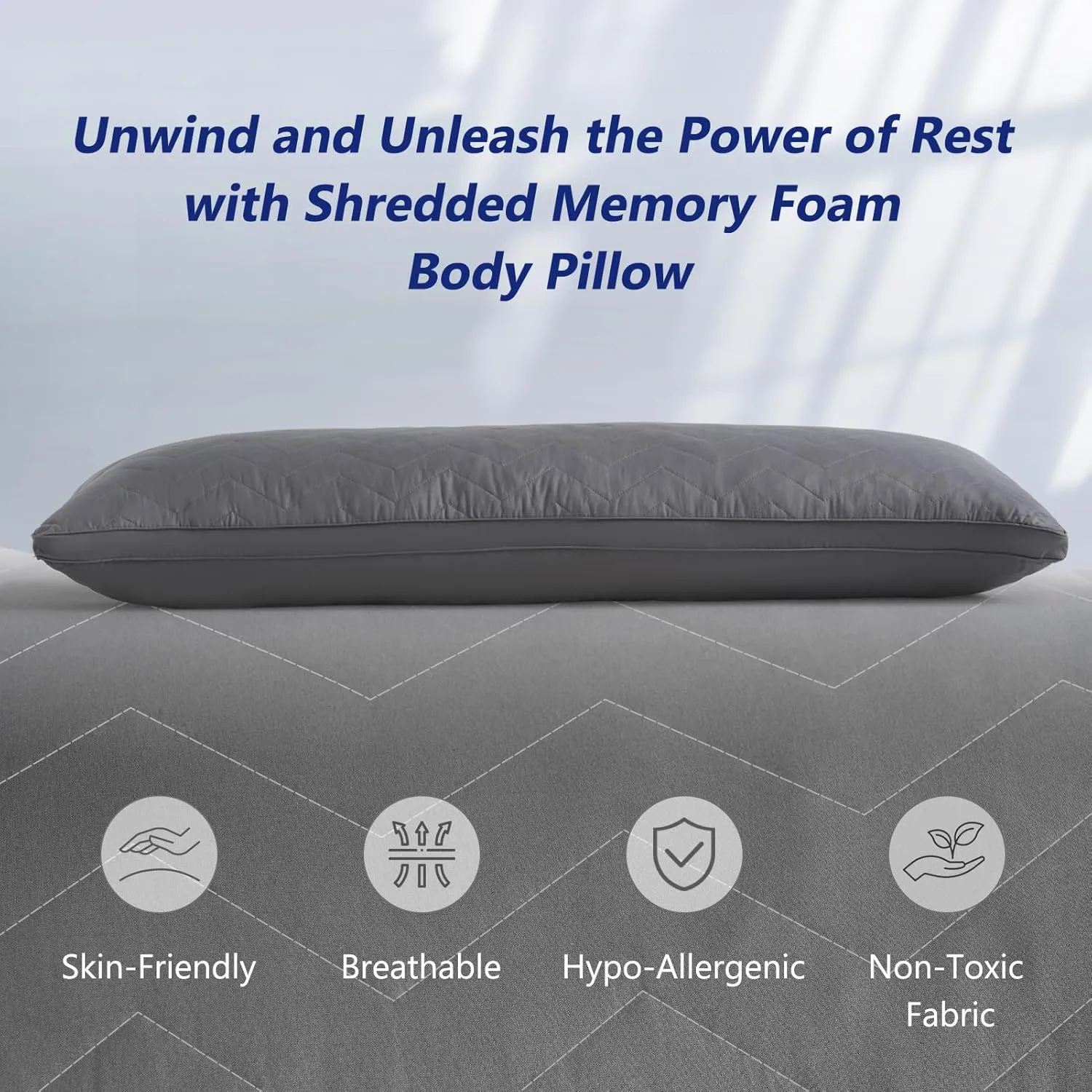 DOWNCOOL Quilted Memory Foam Body Pillow - Large Full Body Pillows for Adults - Soft Long Bed Pillows for Side Sleepers - 20x54 inch (Grey)