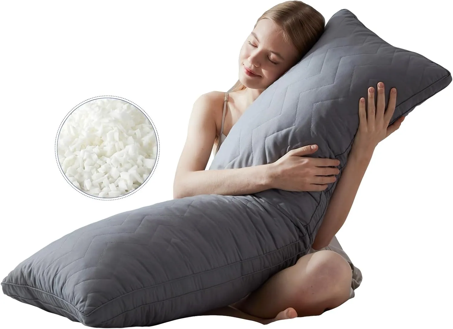 DOWNCOOL Quilted Memory Foam Body Pillow - Large Full Body Pillows for Adults - Soft Long Bed Pillows for Side Sleepers - 20x54 inch (Grey)