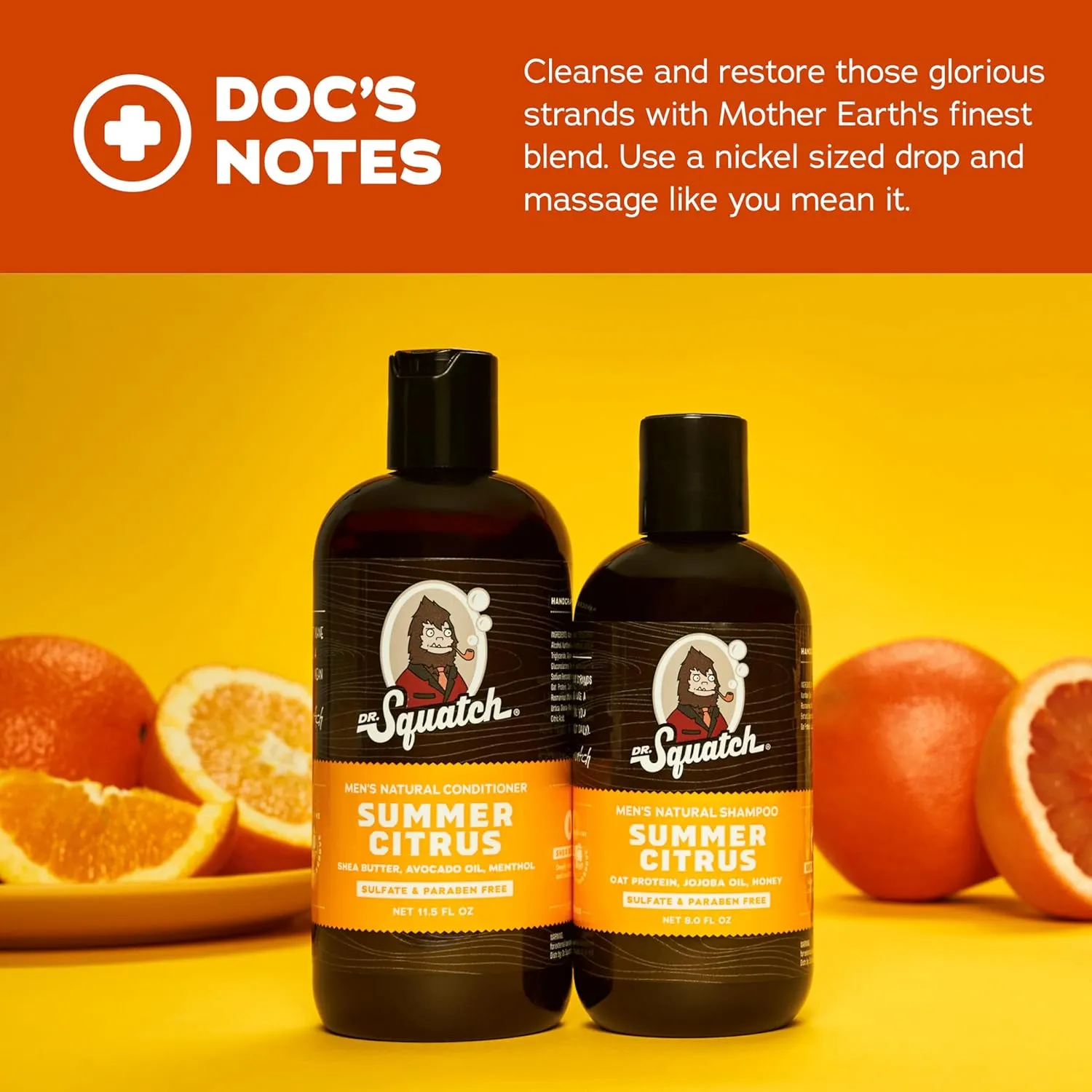 Dr. Squatch Natural Hair Bundle for Men - Healthy, Full Looking Hair - Summer Citrus Shampoo (8 fl oz), Summer Citrus Conditioner (11.5 fl oz)
