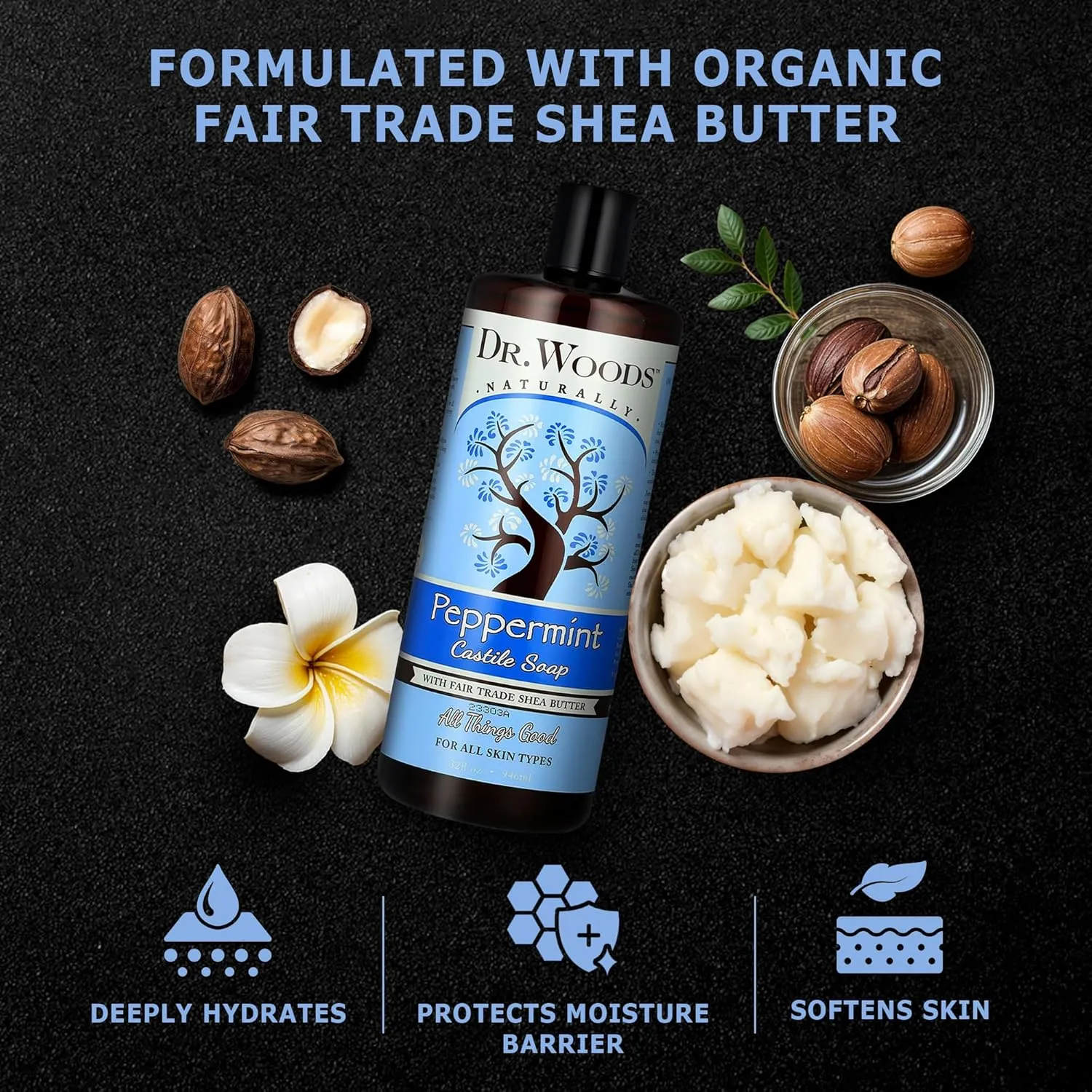 Dr. Woods Peppermint Liquid Castile Soap- Castile Soap with Pure Peppermint Oil, Body Wash for Men and Women, Organic Shea Butter, Natural Cleaner for Face, Hands, and Body - 32 Fl Oz, Pack of 2