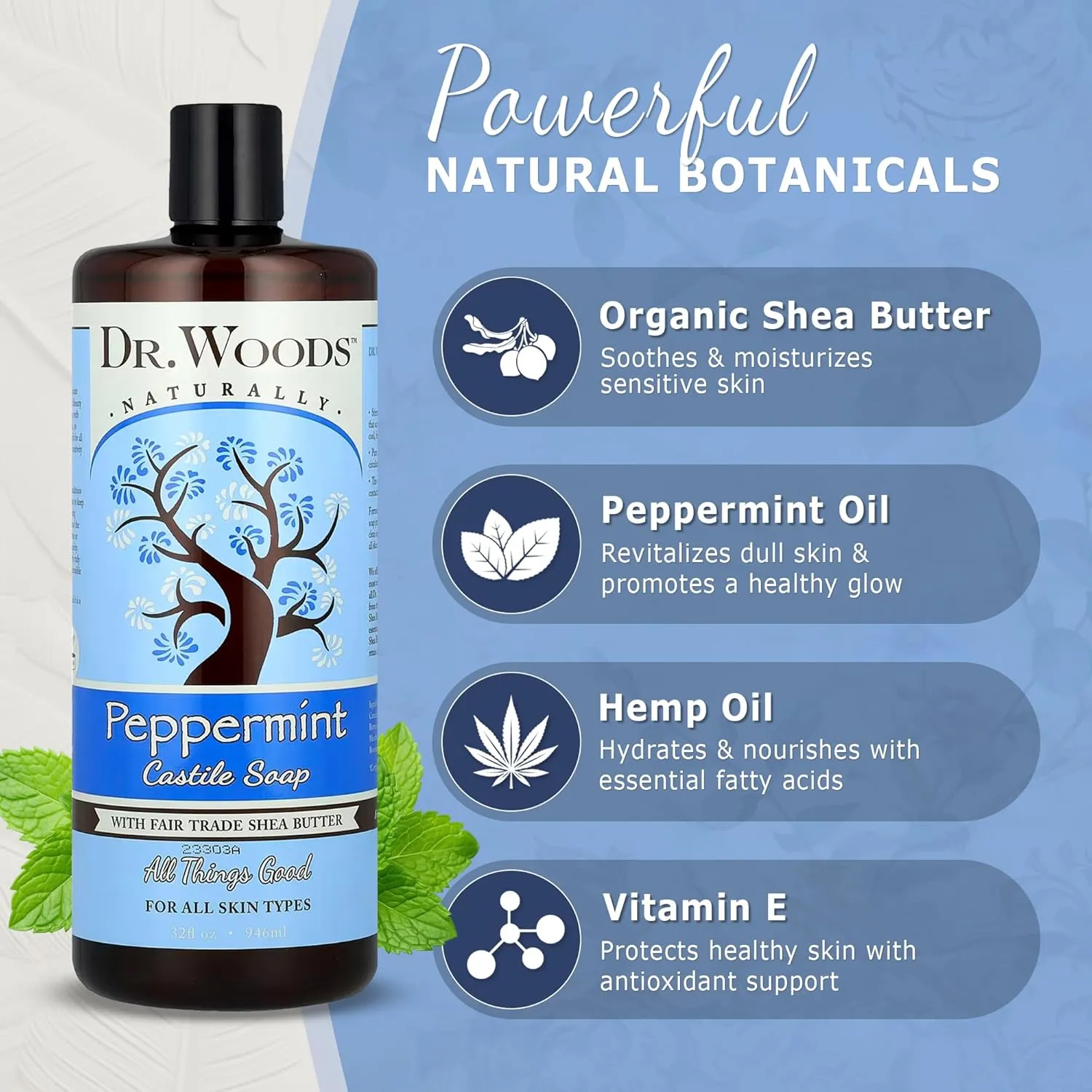 Dr. Woods Peppermint Liquid Castile Soap- Castile Soap with Pure Peppermint Oil, Body Wash for Men and Women, Organic Shea Butter, Natural Cleaner for Face, Hands, and Body - 32 Fl Oz, Pack of 2