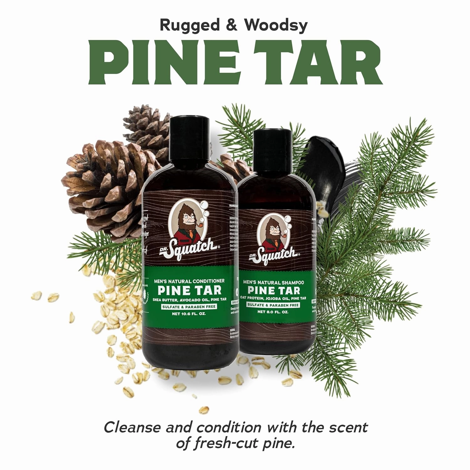 Dr. Squatch Natural Hair Bundle for Men - Healthy, Full Looking Hair - Pine Tar Shampoo (8 fl oz), Pine Tar Conditioner (11.5 fl oz)