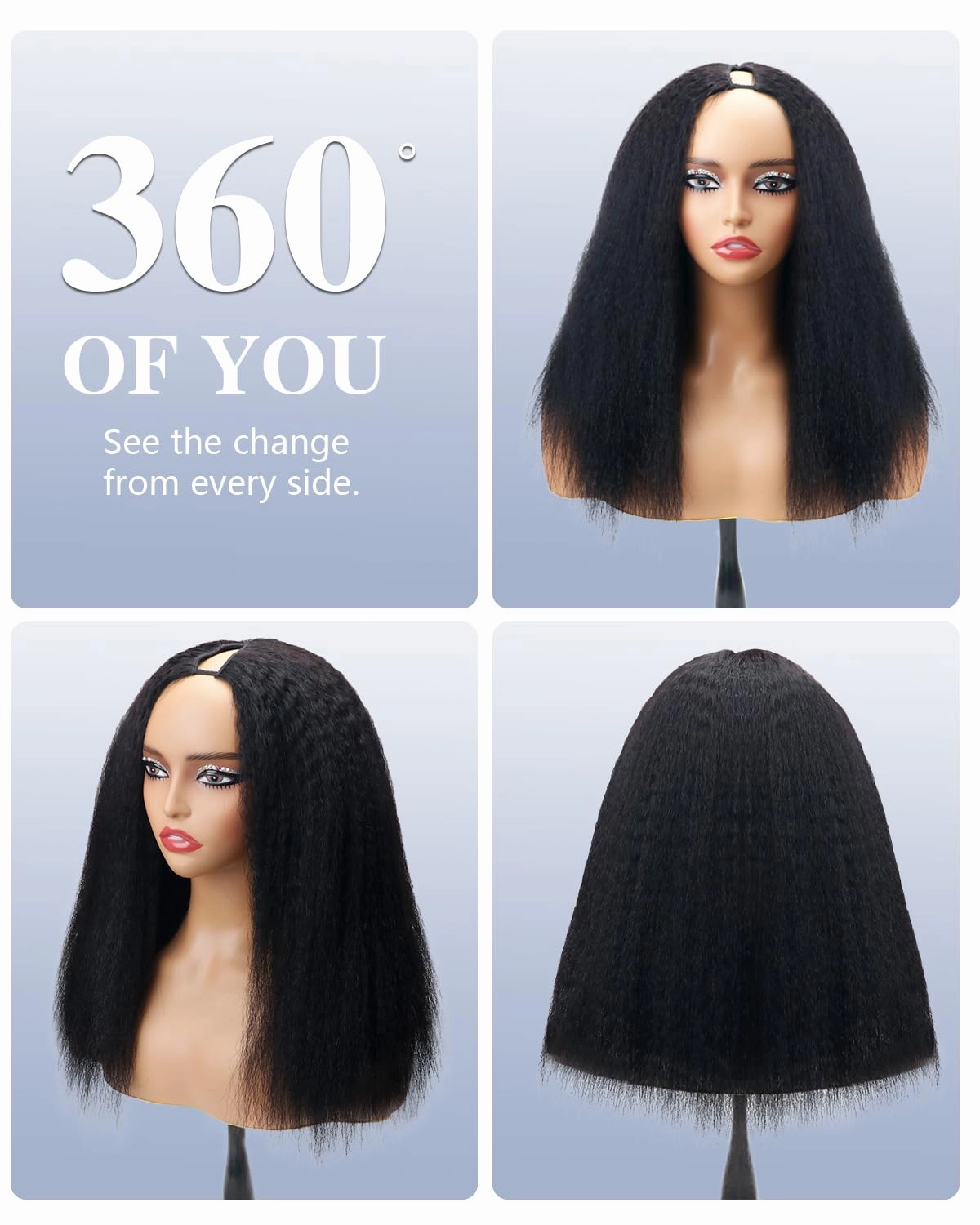 Drawstring V Part Wigs Human Hair 220% Density Kinky Straight Pull and Go Glueless Wigs Human Hair Flexible Fit Magic Leave out 270g 20inch #1B Natural Black