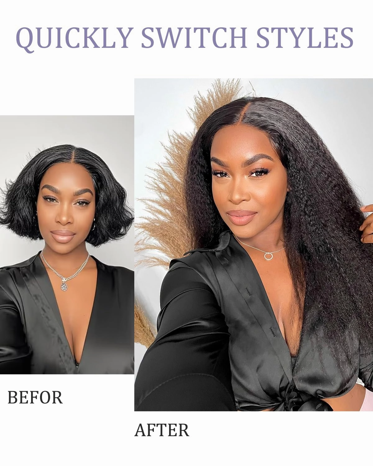 Drawstring V Part Wigs Human Hair 220% Density Kinky Straight Pull and Go Glueless Wigs Human Hair Flexible Fit Magic Leave out 270g 20inch #1B Natural Black