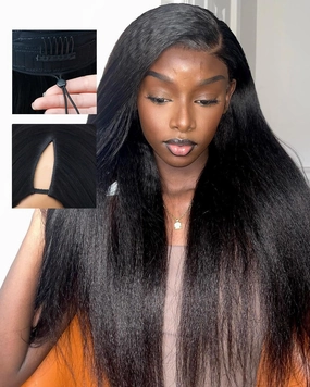 Drawstring V Part Wigs Human Hair 220% Density Kinky Straight Pull and Go Glueless Wigs Human Hair Flexible Fit Magic Leave out 270g 20inch #1B Natural Black