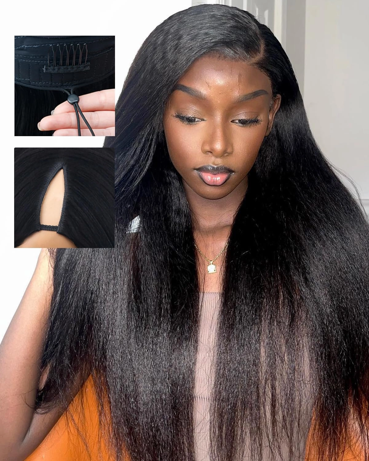 Drawstring V Part Wigs Human Hair 220% Density Kinky Straight Pull and Go Glueless Wigs Human Hair Flexible Fit Magic Leave out 270g 20inch #1B Natural Black