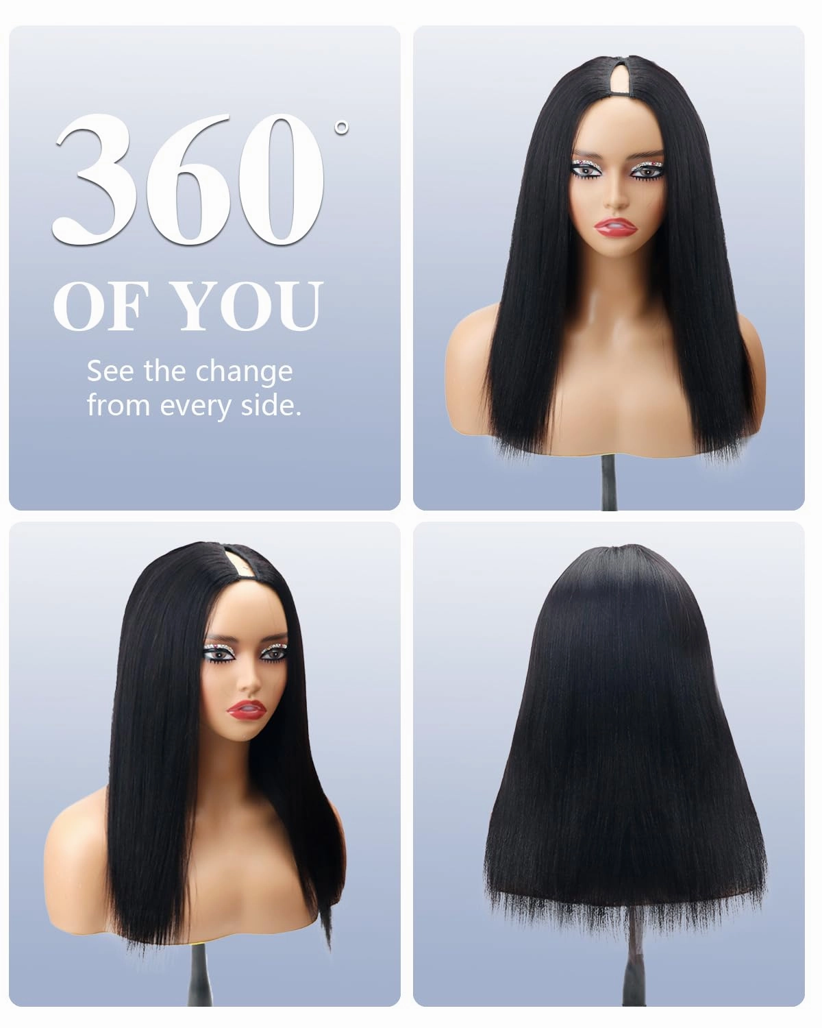Drawstring V Part Wigs Human Hair 220% Density Yaki Straight Pull and Go Glueless Wigs Human Hair Flexible Fit Magic Leave out 270g 20inch #1B Natural Black
