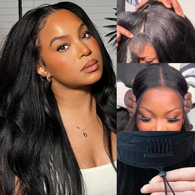 Drawstring V Part Wigs Human Hair 220% Density Yaki Straight Pull and Go Glueless Wigs Human Hair Flexible Fit Magic Leave out 270g 20inch #1B Natural Black