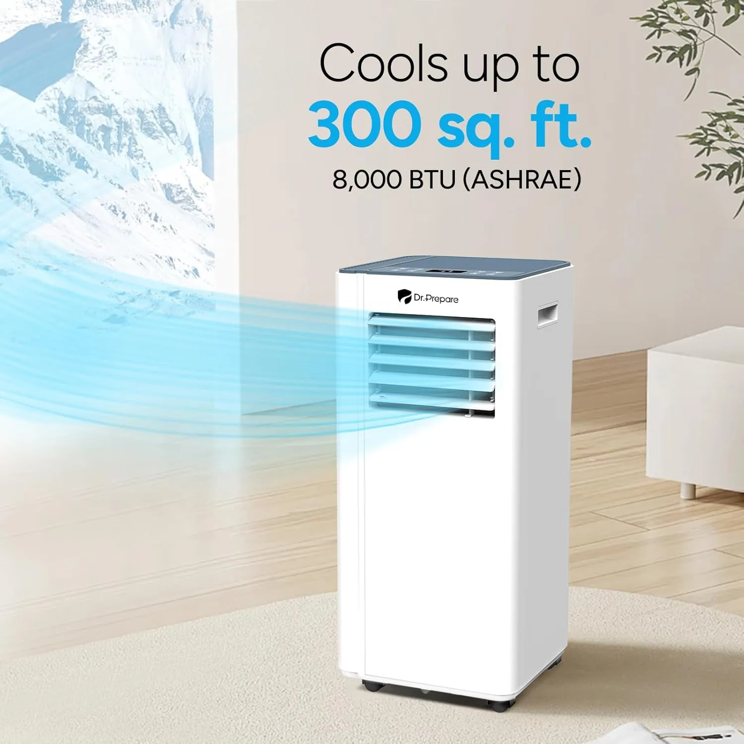 DR.PREPARE 8,000 BTU Portable Air Conditioner with WiFi Enabled, Cooling, Dehumidifier, Fan & Sleep Modes 4-in-1 Portable AC w/Remote Control & 67'' Window Kit, Cools Up To 300 sq. ft, 1-24H Timers