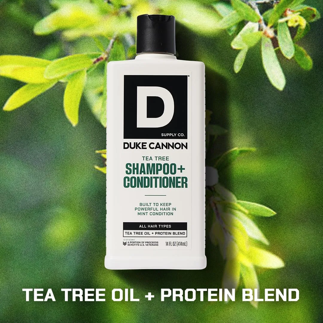 Duke Cannon Supply Co. 2-in-1 Hair Wash - Masculine Scent - Gentle Cleansing Hair Wash For Men - Stimulating Hair Shampoo & Conditioner - Strengthens Hair - Tea Tree - 2 Pack (14 oz)