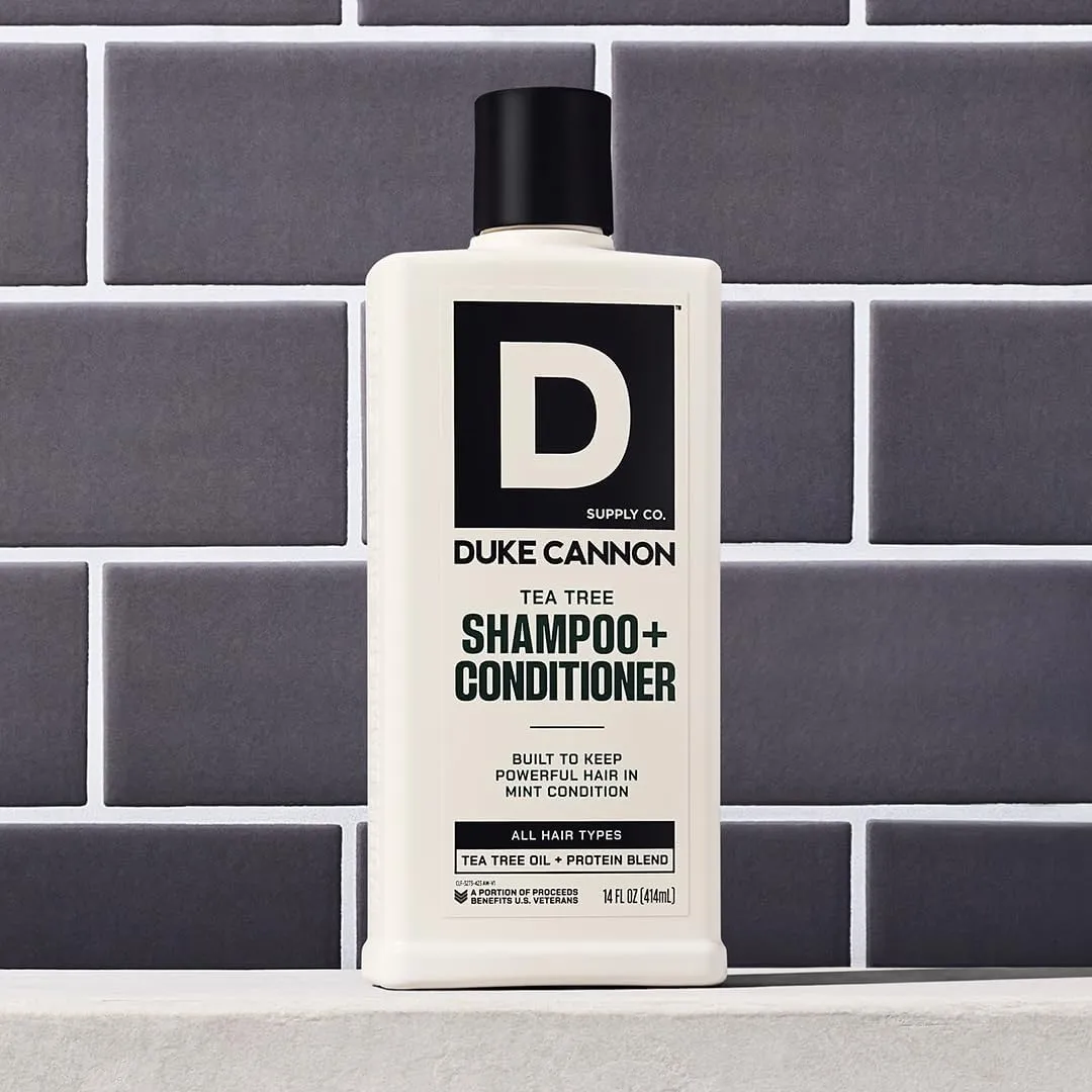Duke Cannon Supply Co. 2-in-1 Hair Wash - Masculine Scent - Gentle Cleansing Hair Wash For Men - Stimulating Hair Shampoo & Conditioner - Strengthens Hair - Tea Tree - 2 Pack (14 oz)