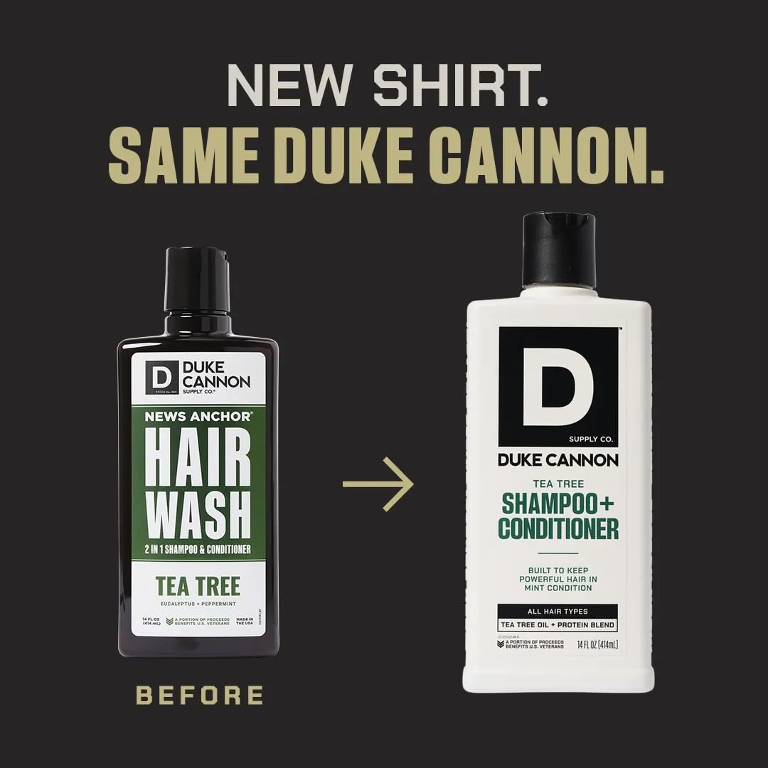 Duke Cannon Supply Co. 2-in-1 Hair Wash - Masculine Scent - Gentle Cleansing Hair Wash For Men - Stimulating Hair Shampoo & Conditioner - Strengthens Hair - Tea Tree & Midnight Swim - 2 Pack (14 oz)