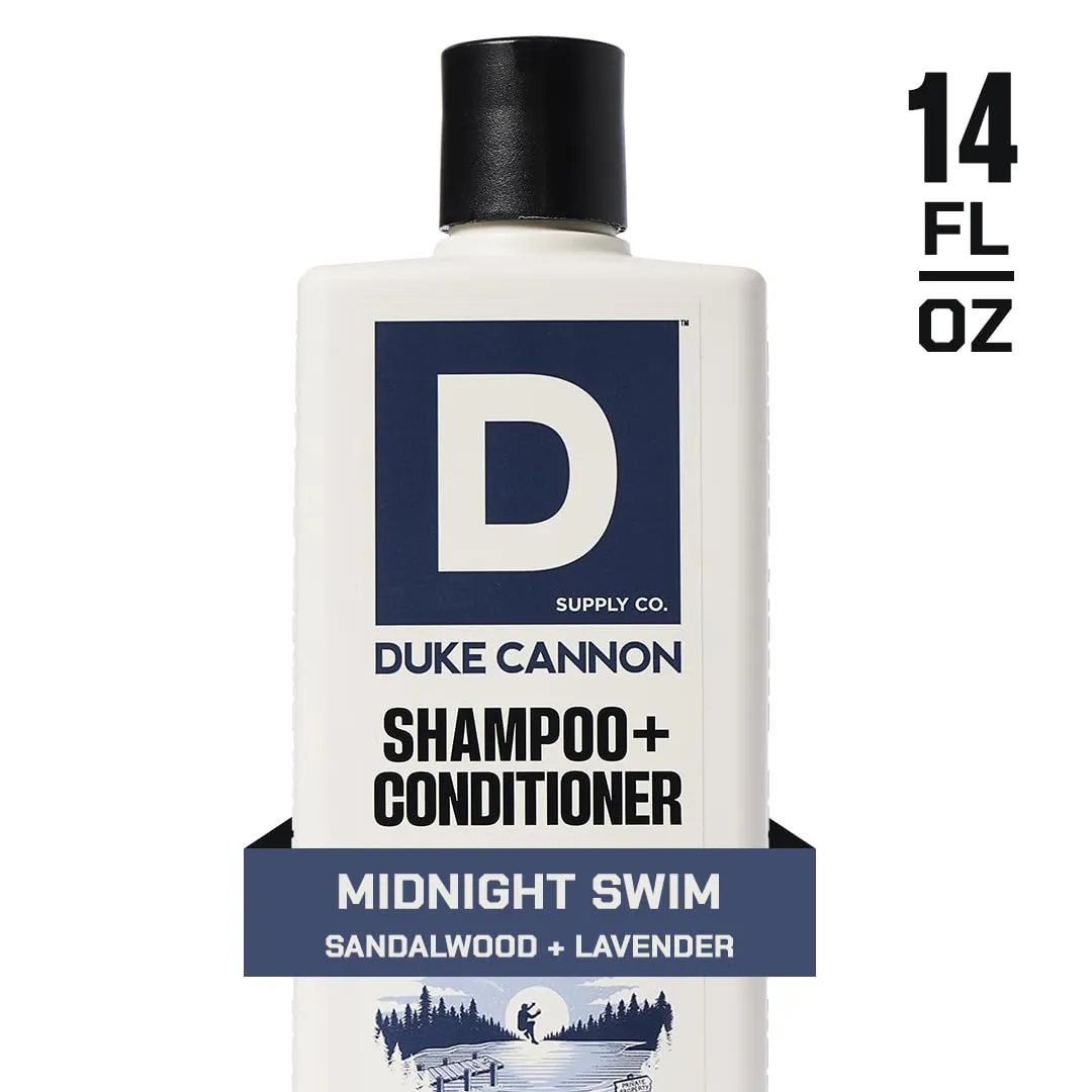 Duke Cannon Supply Co. 2-in-1 Hair Wash - Masculine Scent - Gentle Cleansing Hair Wash For Men - Stimulating Hair Shampoo & Conditioner - Strengthens Hair - Tea Tree & Midnight Swim - 2 Pack (14 oz)