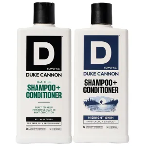 Duke Cannon Supply Co. 2-in-1 Hair Wash - Masculine Scent - Gentle Cleansing Hair Wash For Men - Stimulating Hair Shampoo & Conditioner - Strengthens Hair - Tea Tree & Midnight Swim - 2 Pack (14 oz)