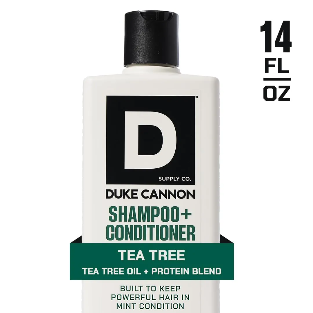 Duke Cannon Supply Co. 2-in-1 Hair Wash - Masculine Scent - Gentle Cleansing Hair Wash For Men - Stimulating Hair Shampoo & Conditioner - Strengthens Hair - Tea Tree & Midnight Swim - 2 Pack (14 oz)