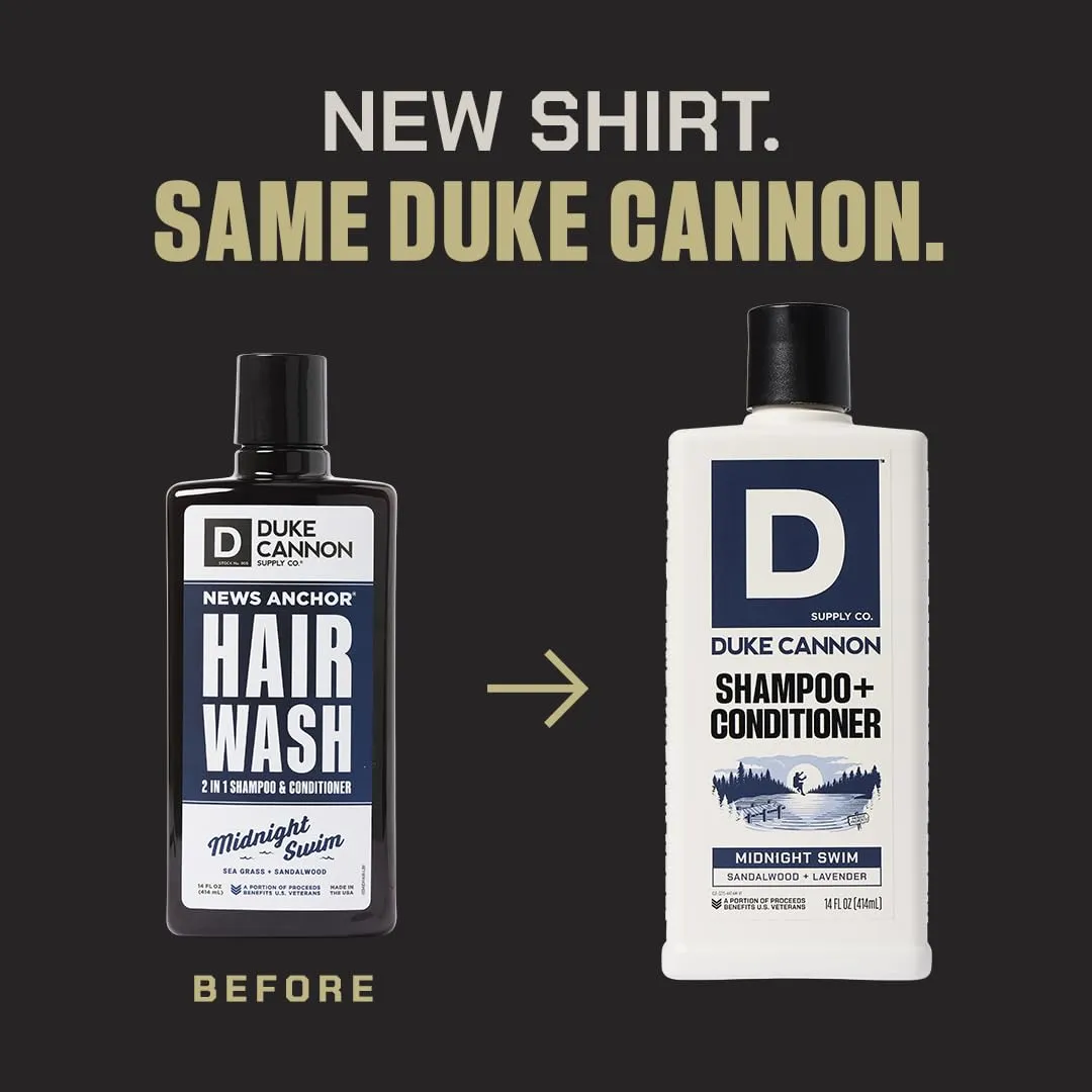 Duke Cannon Supply Co. 2-in-1 Hair Wash - Masculine Scent - Gentle Cleansing Hair Wash For Men - Stimulating Hair Shampoo & Conditioner - Strengthens Hair - Tea Tree & Midnight Swim - 2 Pack (14 oz)