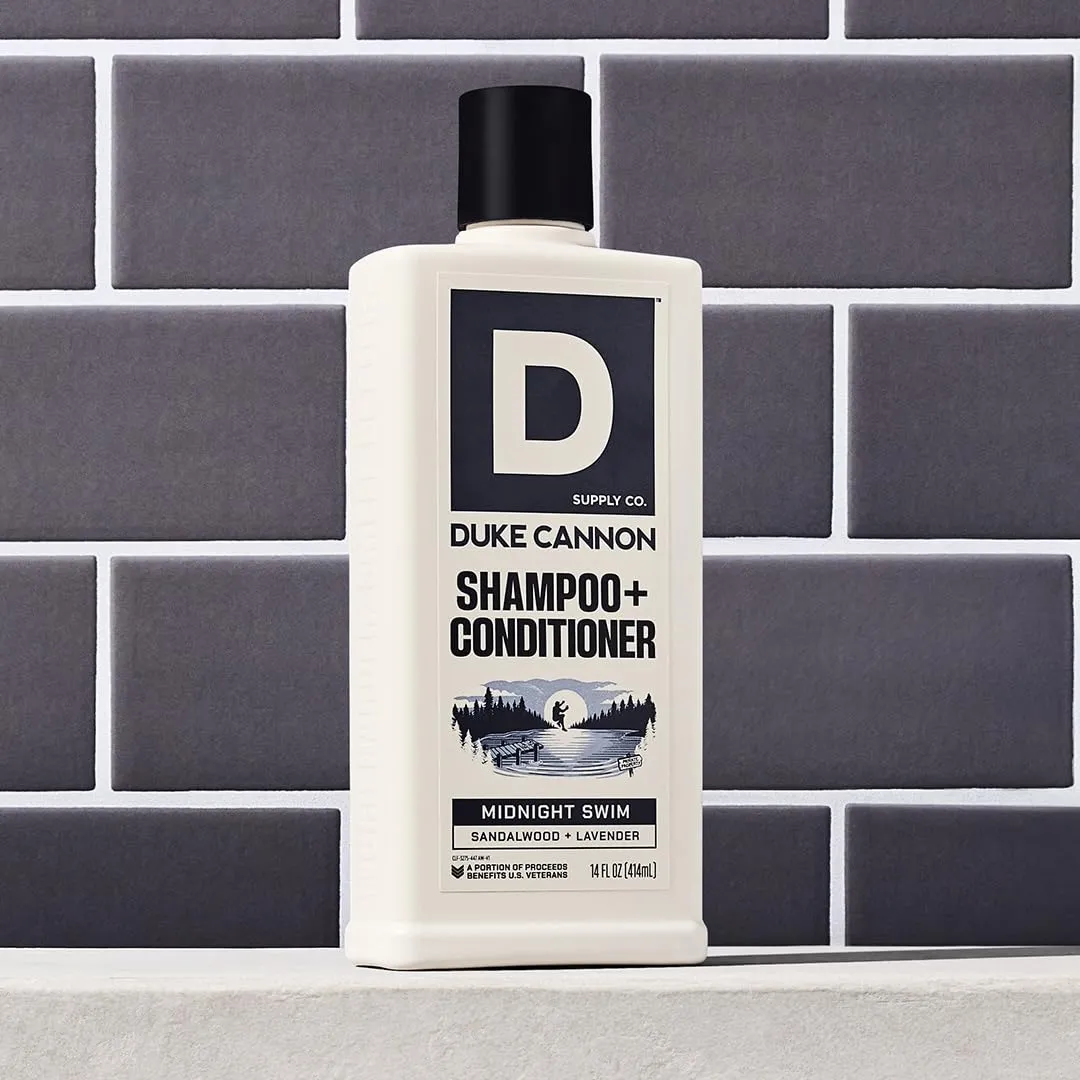 Duke Cannon Supply Co. 2-in-1 Hair Wash - Masculine Scent - Gentle Cleansing Hair Wash For Men - Stimulating Hair Shampoo & Conditioner - Strengthens Hair - Tea Tree & Midnight Swim - 2 Pack (14 oz)