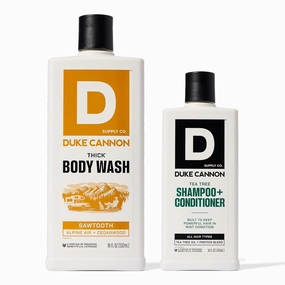 Duke Cannon Supply Co. 2-in-1 Tea Tree Hair Wash & Sawtooth Body Wash Bundle - Masculine Scent - Gentle Cleansing Hair Wash - Deep Cleaning Body Cleanser - Sawtooth Body Wash/ Tea Tree 2-1 - 2 Pack