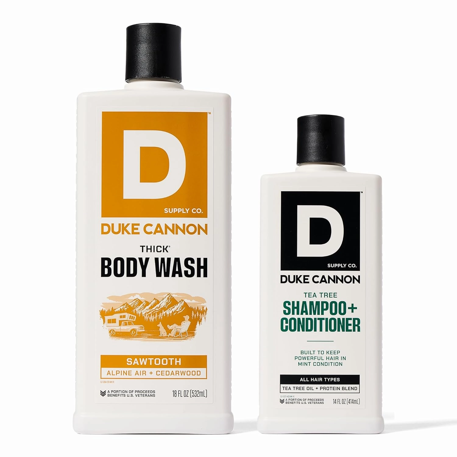 Duke Cannon Supply Co. 2-in-1 Tea Tree Hair Wash & Sawtooth Body Wash Bundle - Masculine Scent - Gentle Cleansing Hair Wash - Deep Cleaning Body Cleanser - Sawtooth Body Wash/ Tea Tree 2-1 - 2 Pack