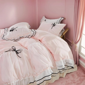Duvet Cover Set Ruffle Lace Beddding Set with Bowtie 3 Pieces Comforter Cover Set with Zipper Closure, Girl Bedding French Country with 2 Pillowcase - Light Pink, Full