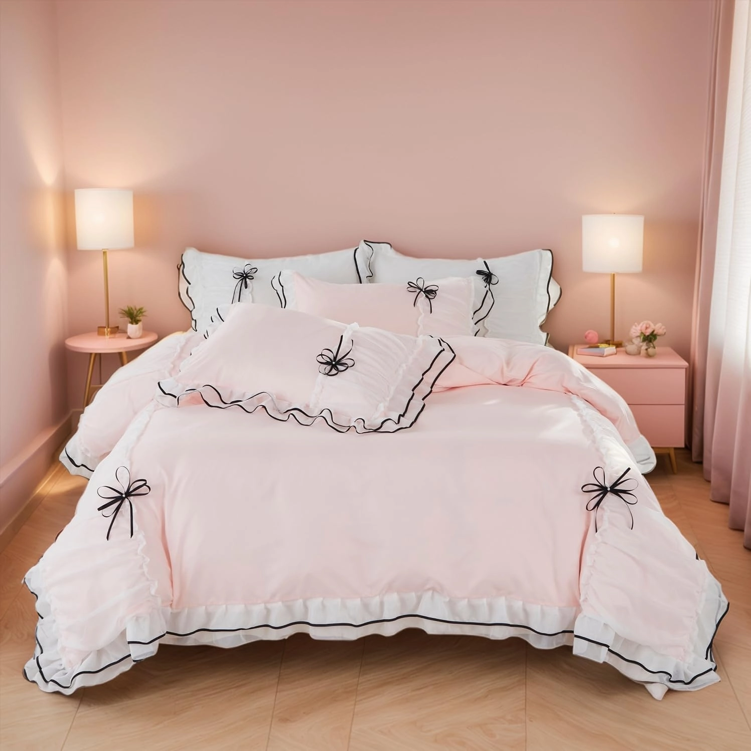Duvet Cover Set Ruffle Lace Beddding Set with Bowtie 3 Pieces Comforter Cover Set with Zipper Closure, Girl Bedding French Country with 2 Pillowcase - Light Pink, Full