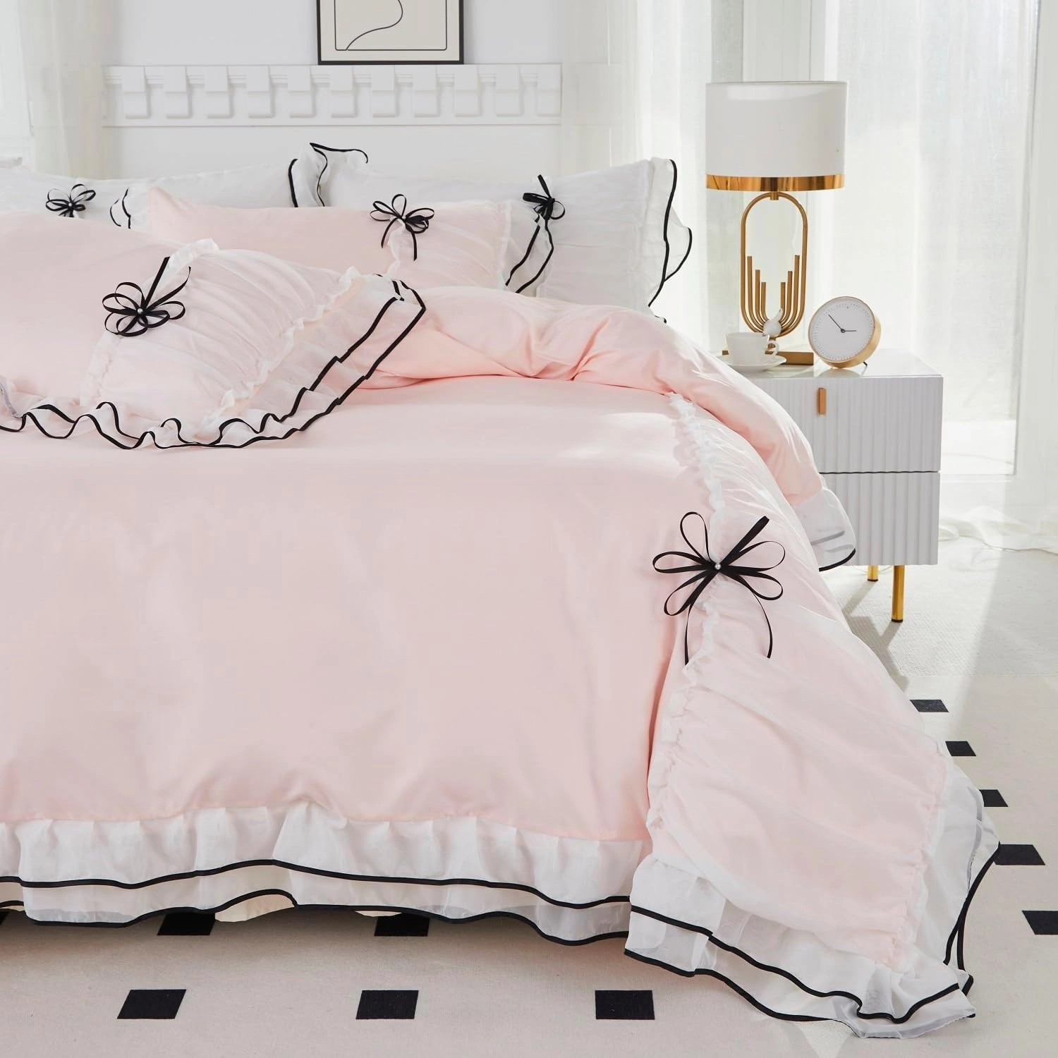Duvet Cover Set Ruffle Lace Beddding Set with Bowtie 3 Pieces Comforter Cover Set with Zipper Closure, Girl Bedding French Country with 2 Pillowcase - Light Pink, Full